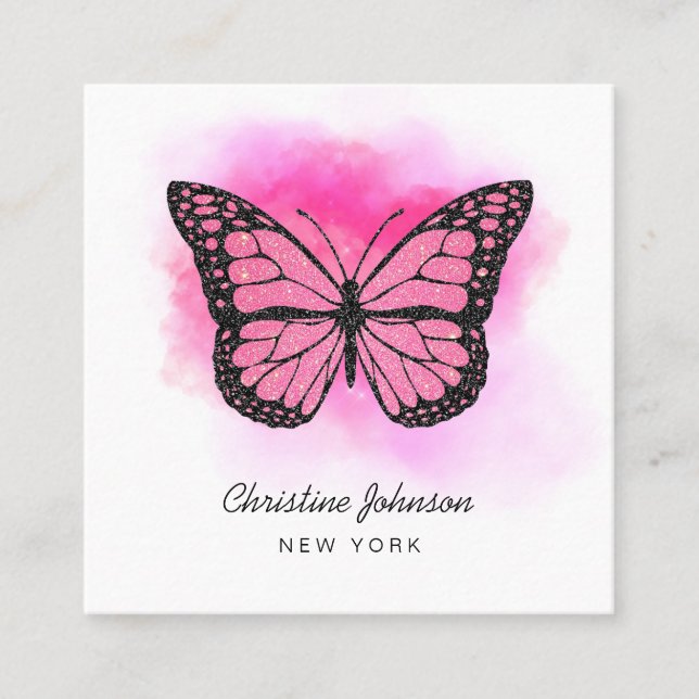 hot pink butterfly square business card (Front)