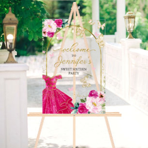 Hot Pink Butterfly Sweet 16 Welcome Acrylic Sign