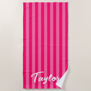Hot Pink Cabana Stripe Bold Name Beach Towel