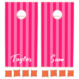 Hot Pink Cabana Stripe Bold Name Cornhole Set