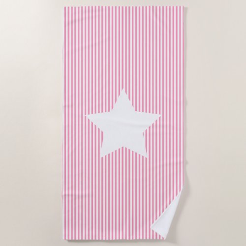 Hot Pink Cabana Stripes  White Star Beach Towel