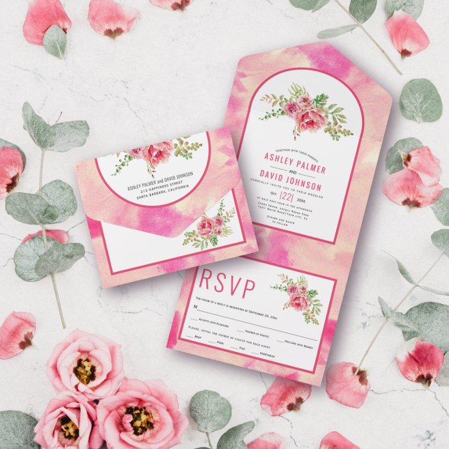 Hot pink cactus flowers, leaves floral wedding all all in one invitation