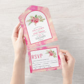 Hot pink cactus flowers, leaves floral wedding all all in one invitation (Tearaway)