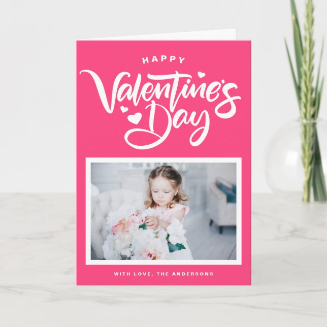 Hot Pink Calligraphy Photo Valentine's Day Holiday Card (Front)