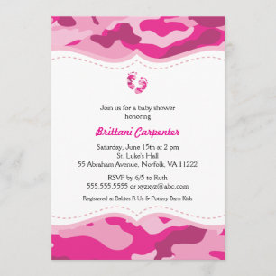 Hot Pink Camo Baby Shower Invitation with feet