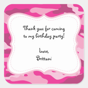Hot Pink Camo Birthday Party Favor Label Sticker