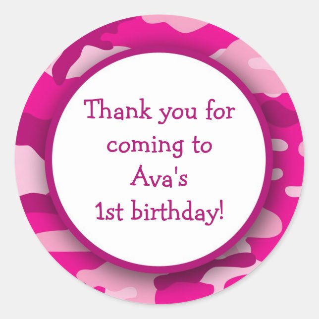 Hot Pink Camo Birthday Party Favor Stickers (Front)