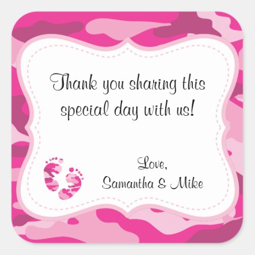 Hot Pink Camouflage Baby Shower Favor with feet Square Sticker