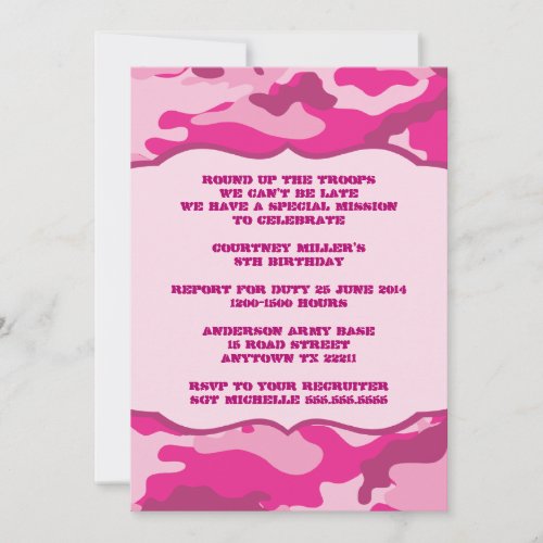 Hot Pink Camouflage Birthday Party Invite CAMO