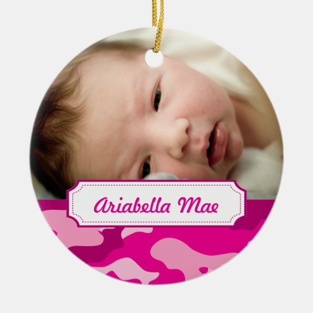 Hot Pink Camouflage Photo Christmas Tree Ornament (Front)