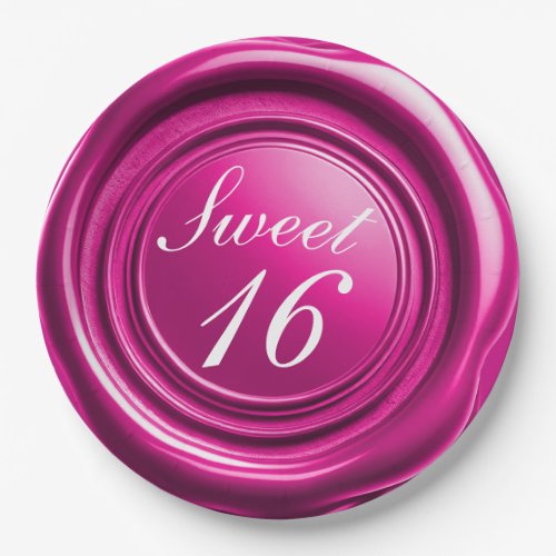 Hot Pink Candle Wax Seal Drip Sweet 16 Wedding Paper Plates