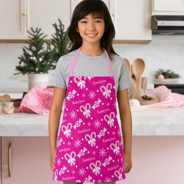 Hot Pink Candy Cane Peppermint Snowflakes Add Name Apron (Creator Uploaded)