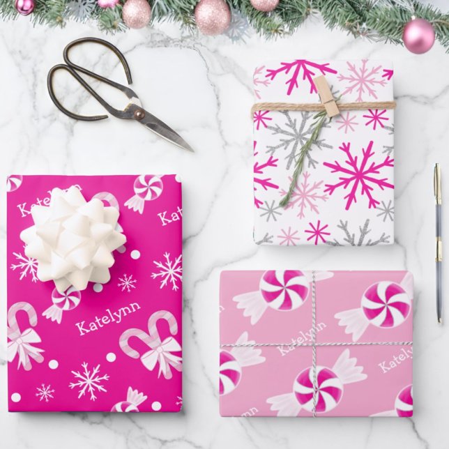 Hot Pink Candy Canes Peppermint & Snowflakes Name Wrapping Paper Sheets (Creator Uploaded)