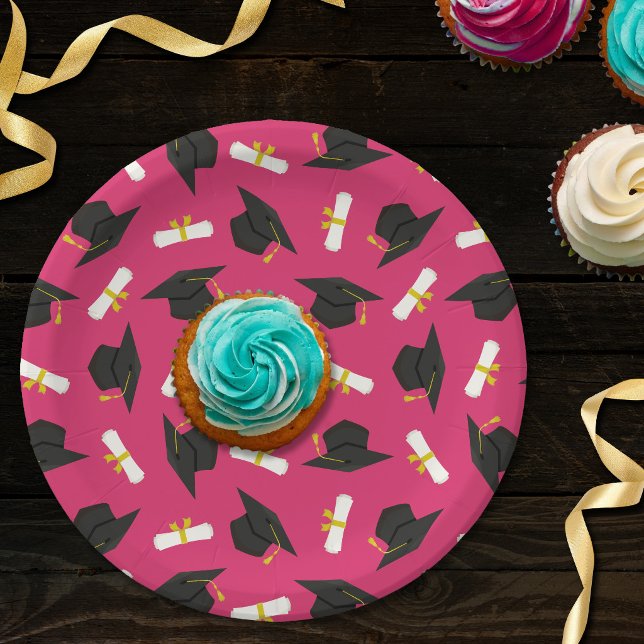 Hot Pink Cap Diplomas Pattern Graduation Party Paper Plates (Creator Uploaded)