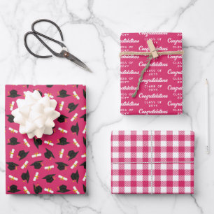 Hot Pink Caps Diplomas Mixed Graduation Patterns Wrapping Paper Sheets