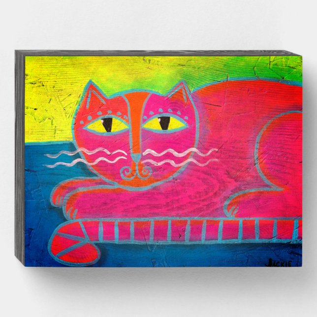 Hot Pink Cat Abstract Art on OSB Board Wooden Box Sign (Front Horizontal)