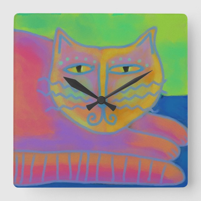 Hot Pink Cat Abstract Art Square Wall Clock (Front)