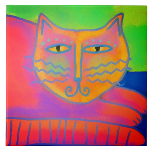 Hot Pink Cat Abstract Digital Painting Ceramic Tile (Front)