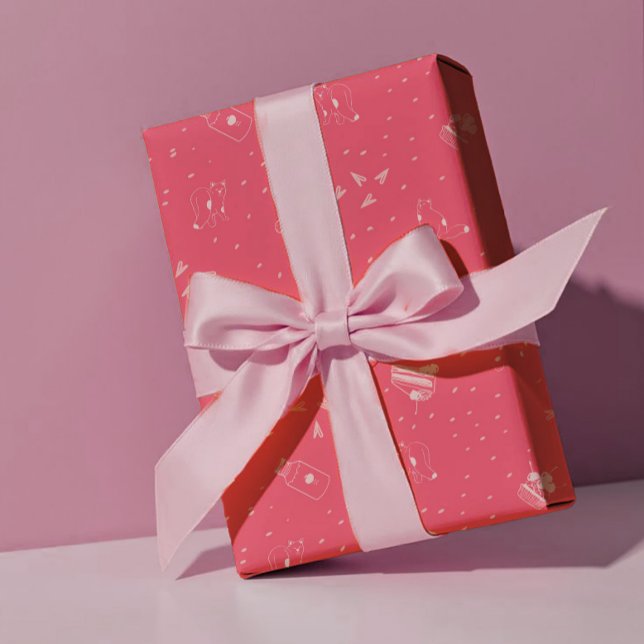 Hot Pink Cats, Cake & Cherries - Valentine Wrapping Paper (Creator Uploaded)