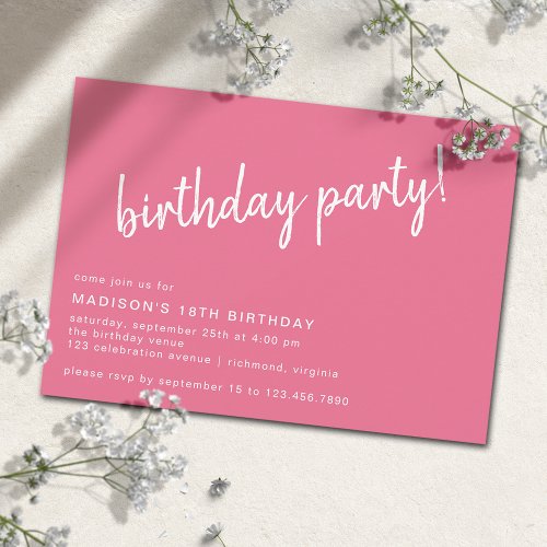 Hot Pink Cerise Cute Casual Any Age Birthday Party Invitation