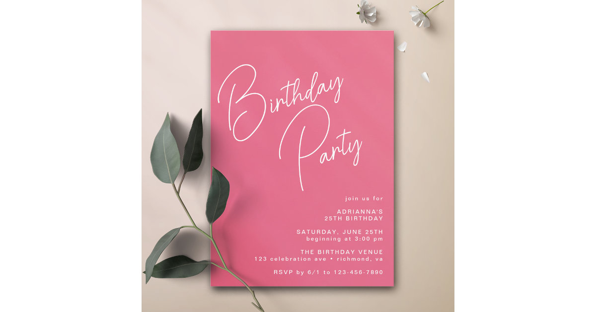 Hot Pink Cerise Modern Typography Any Age Birthday Invitation | Zazzle