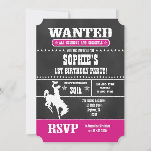 Hot Pink Chalkboard Cowboy Birthday Invitation