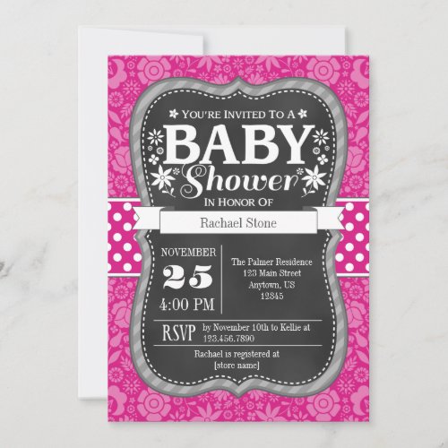 Hot Pink Chalkboard Floral Baby Shower Invite