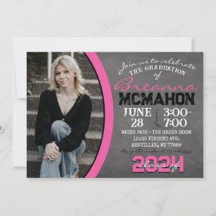 Hot Pink Chalkboard Graduation Photo Invitation