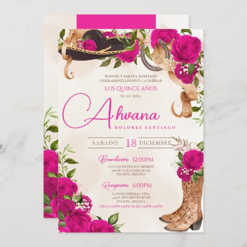 Hot Pink Charro Western Rose Floral Quinceaera  Invitation