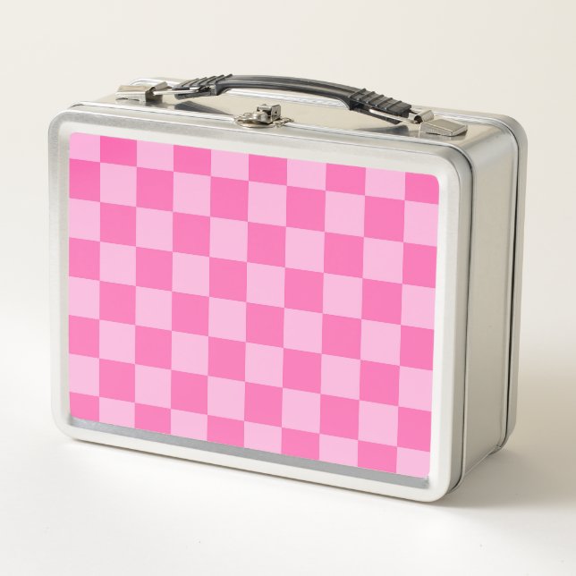 Hot Pink Checkerboard Metal Lunch Box (Front)