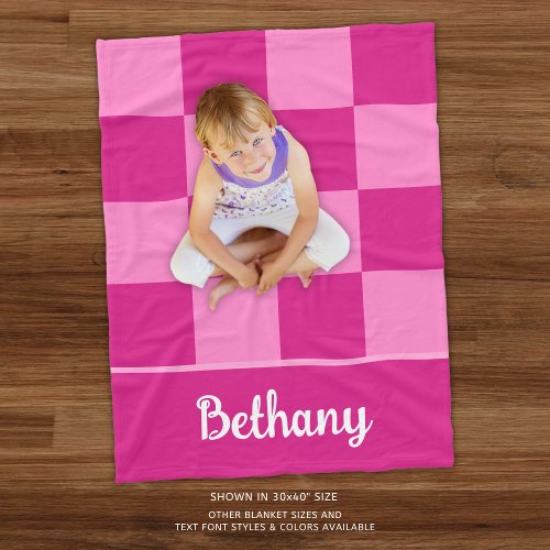 Hot Pink Checkered Color Block Personalized Fleece Blanket