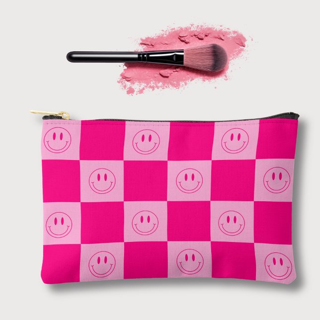 Hot Pink Checkered & Groovy Happy Smile Accessory Pouch (Creator Uploaded)