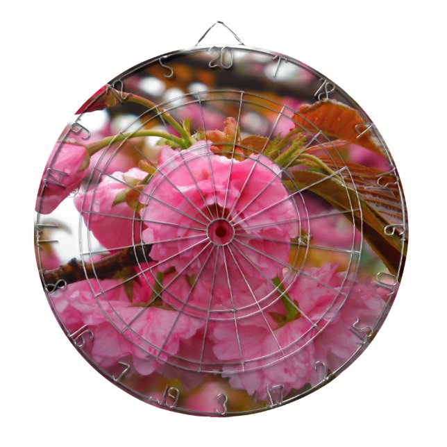 Hot Pink Cherry Blossom Flowers Dartboard With Darts (Front)