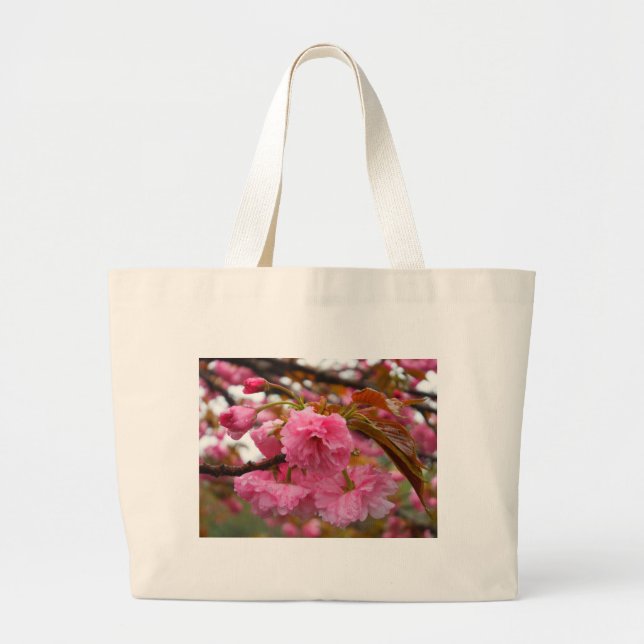 Hot Pink Cherry Blossom Flowers Large Tote Bag (Front)