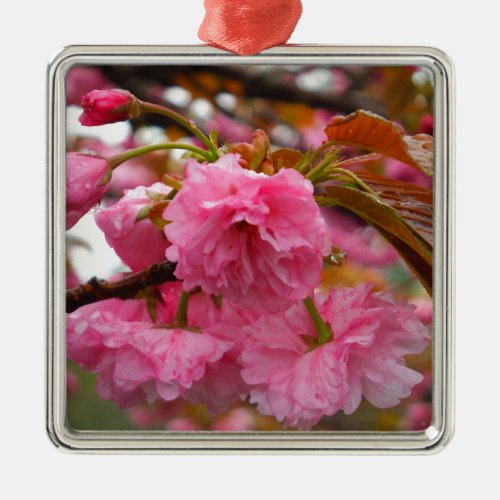 Hot Pink Cherry Blossom Flowers Metal Ornament