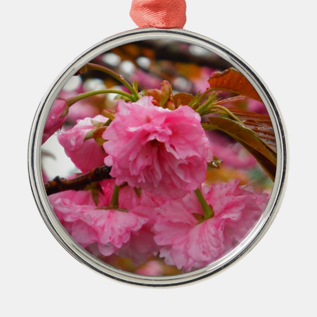 Hot Pink Cherry Blossom Flowers Metal Ornament (Front)