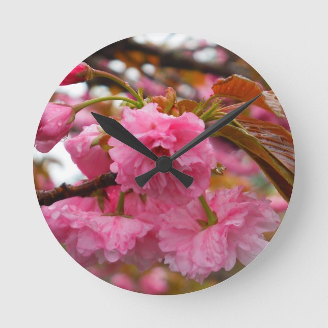 Hot Pink Cherry Blossom Flowers Round Clock (Front)