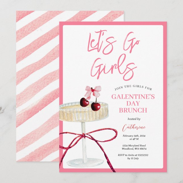 Hot Pink Cherry Cocktail Girls’ Day Brunch Night Invitation (Front/Back)