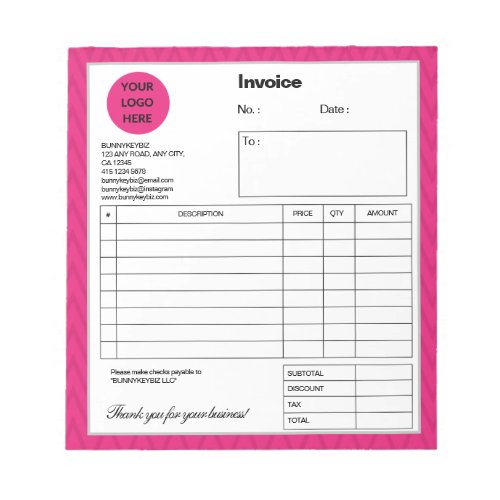 Hot Pink Chevron Company Business Shop Invoice Notepad