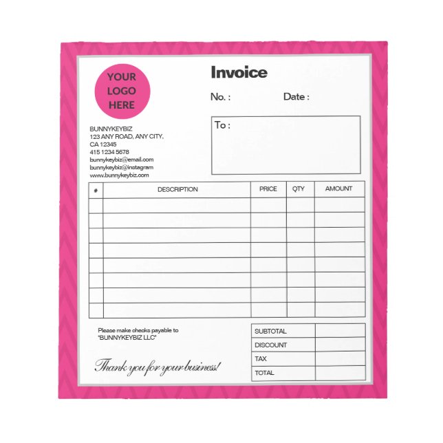 Hot Pink Chevron Company Business Shop Invoice Notepad (Front)