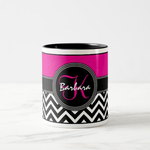 Hot Pink Chevron Monogram Barbara K Chic Two_Tone Coffee Mug