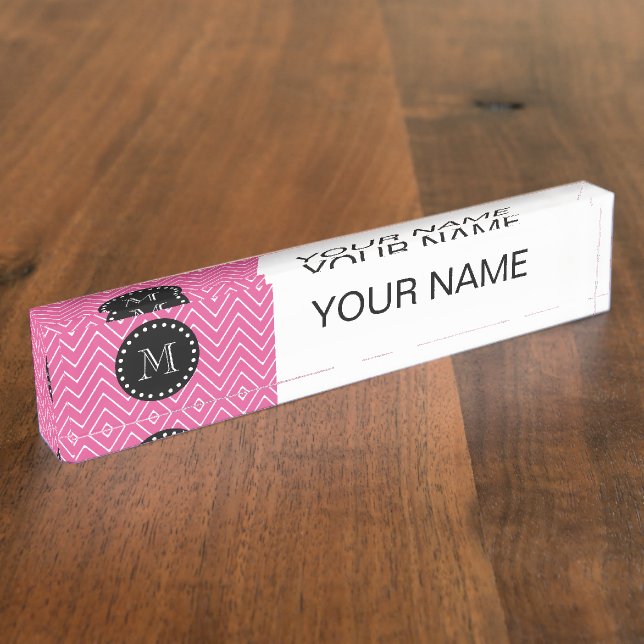 Hot Pink Chevron Pattern | Black Monogram Desk Name Plate (Side)
