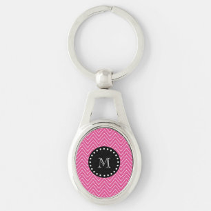 Hot Pink Chevron Pattern Black Monogram Keychain