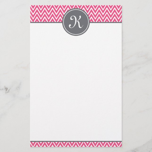Hot Pink Chevron Pattern Gray Monogram Stationery (Front)