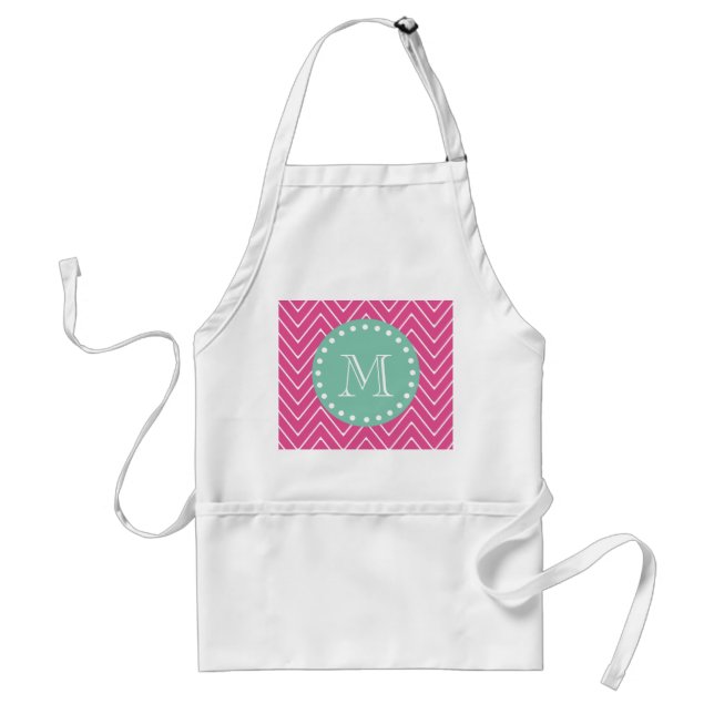 Hot Pink Chevron Pattern | Mint Green Monogram Adult Apron (Front)