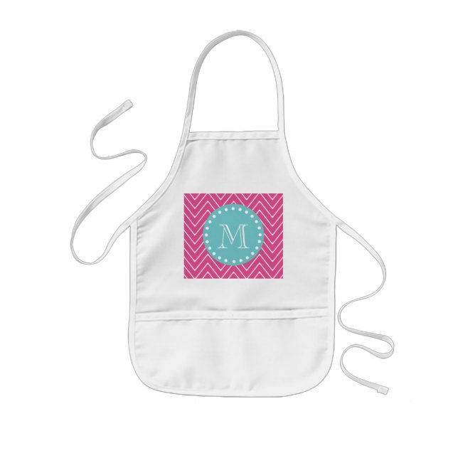 Hot Pink Chevron Pattern | Teal Monogram Kids' Apron (Front)
