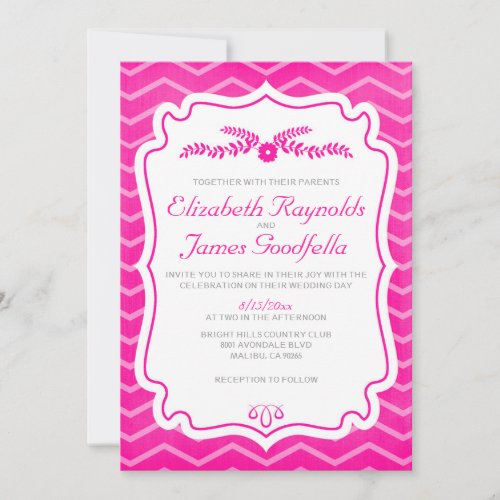 Hot Pink Chevron Stripes Wedding Invitations