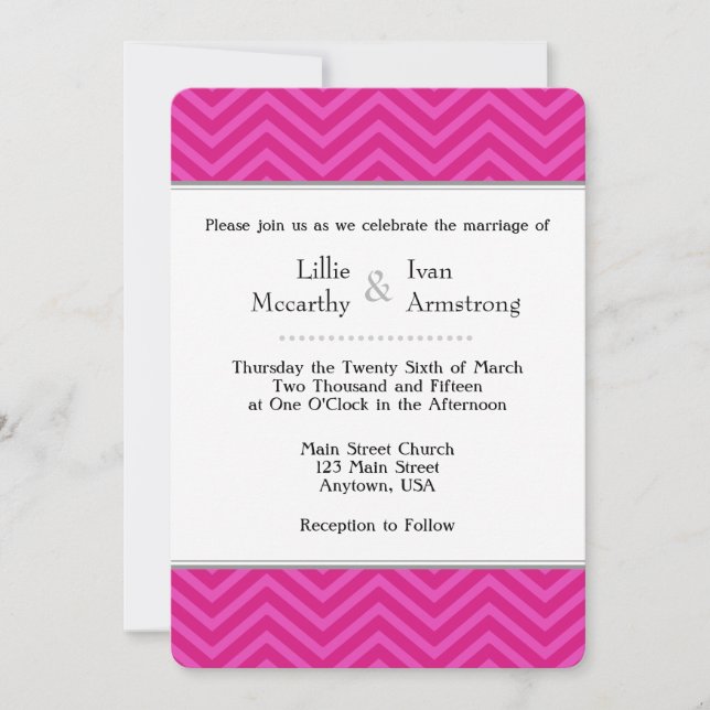 Hot Pink Chevron Wedding Invitations (Front)