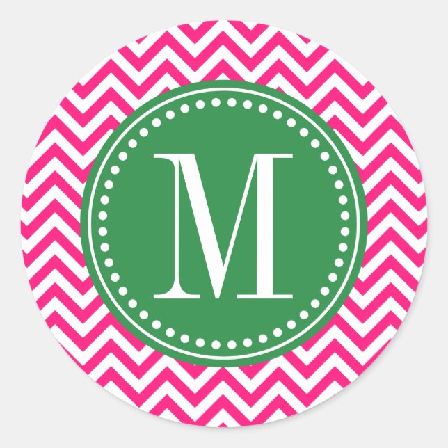 Hot Pink Chevron Zigzag Personalized Monogram Classic Round Sticker (Front)