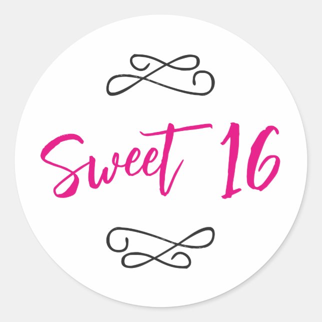 Hot Pink Chic Doodle Modern Script Sweet 16 Classic Round Sticker (Front)